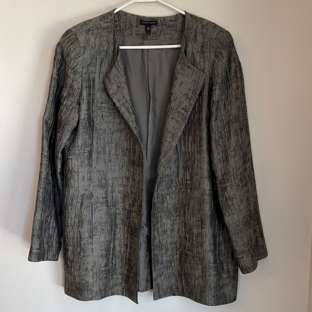 Eileen Fisher Mirage Crinkle silk Jacquard Jacket Charcoal Textured Blazer LG